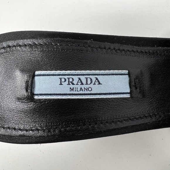 Prada Black Satin Crystal Studded Triangle Logo Slip On Sandal Mules Heels - Picture 7 of 11
